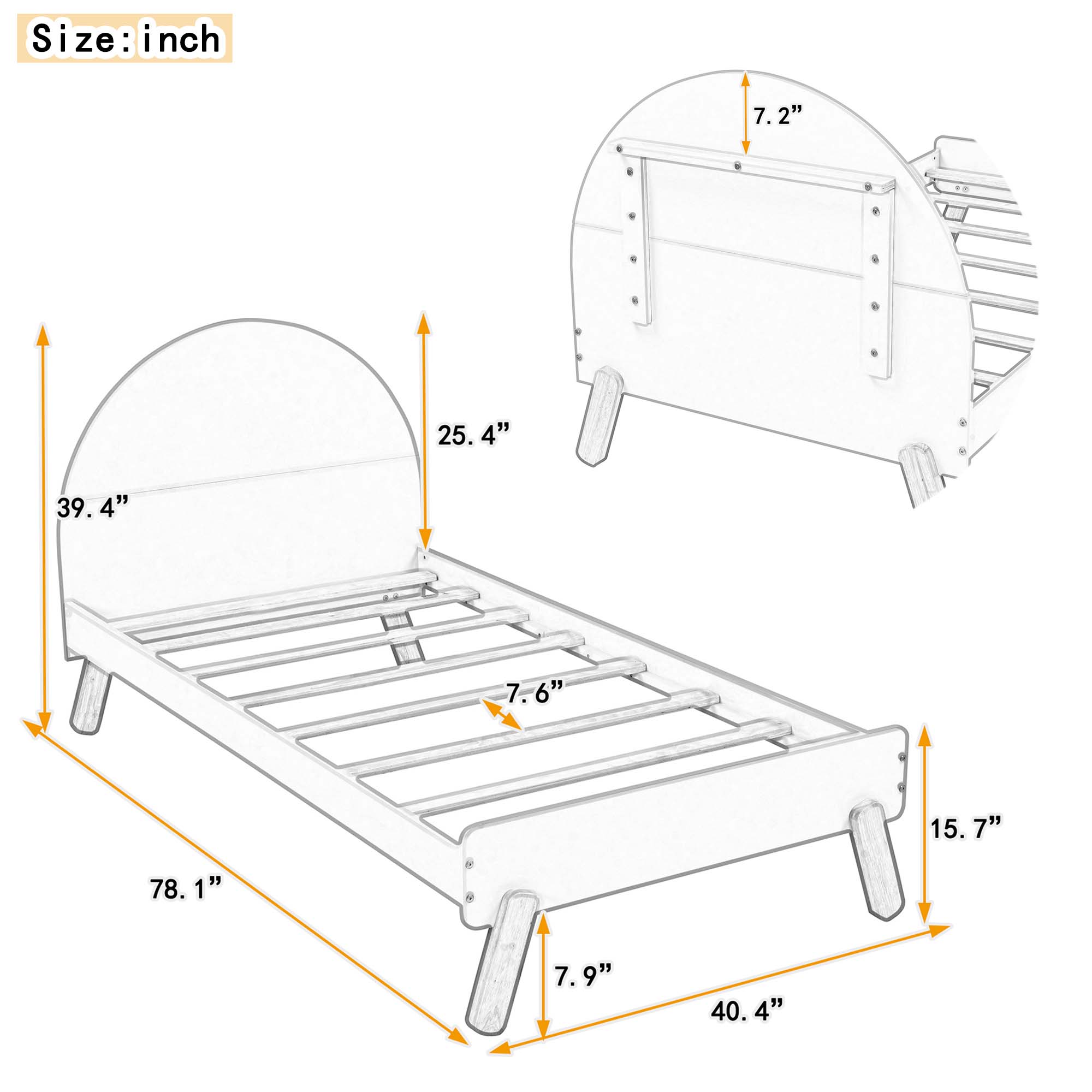 Aukfa Platform Bed for Kids, Twin Bed Frame with Semi-circular Headboard, Wooden - White