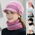 thumbnail image 2 of UDIYO 2Pcs/Set Winter Hat Neck Warmer Knitted Peaked Flower Pompom Decor Fuzzy Stretchy Warm Solid Color Winter Thermal Middle-aged Women Cap Scarf Kit for Outdoor, 2 of 7