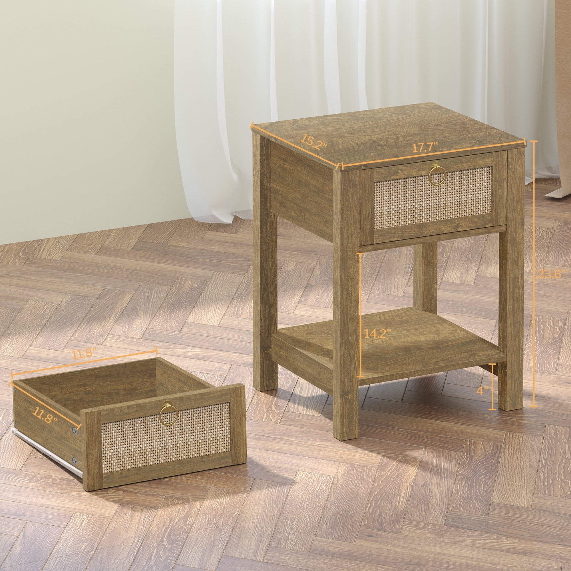 SICOTAS Rattan Nightstands Set of 2, Cherry Farmhouse Boho End Side Table with Drawers, Engineered Wood Accent Bedside Table for Bedroom, Living Room
