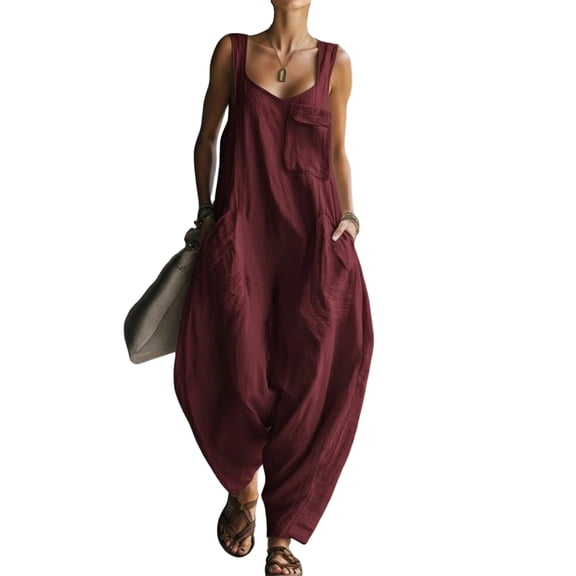 JULMCOMO Cotton Linen Jumpsuits for Women Scoop Neck Comfy Loose Fit Harem Pants Sleeveless Casual Beach Summer Overalls with Pockets Wine XL
