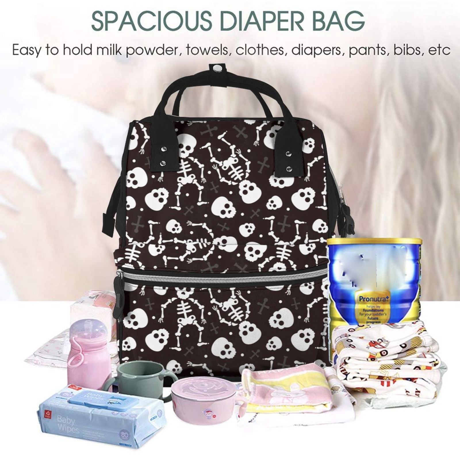 Ratiio Skeleton Mummy Backpack - Waterproof Twill Canvas, Large Capacity Diaper Bag with Multiple Pockets and Adjustable Straps