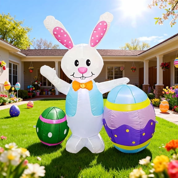 5FT Easter Inflatables Bunny with Egg LED Lights Quick Inflation Outdoor Yard Decoration Easter Decor Holiday Inflatable for Patio Garden Lawn