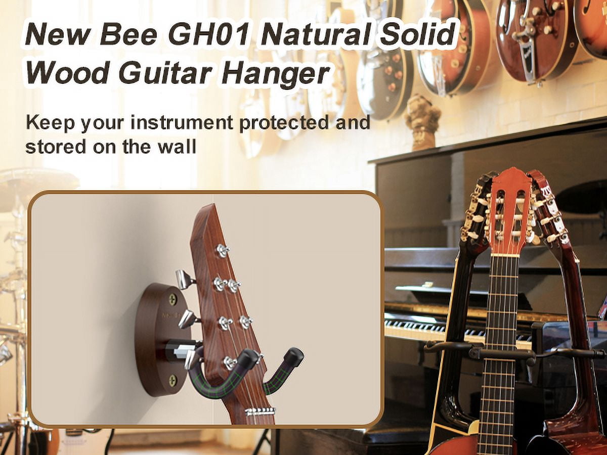 New Bee 2PC Guitar Wall Mount - Sturdy Wood Base & Metal Hook, High Weight Capacity, Anti-Slip V-Shape, Rotatable Adjustable with Soft Rubber - Fits Ukulele/Bass/Mandolin/Banjo (All Sizes)