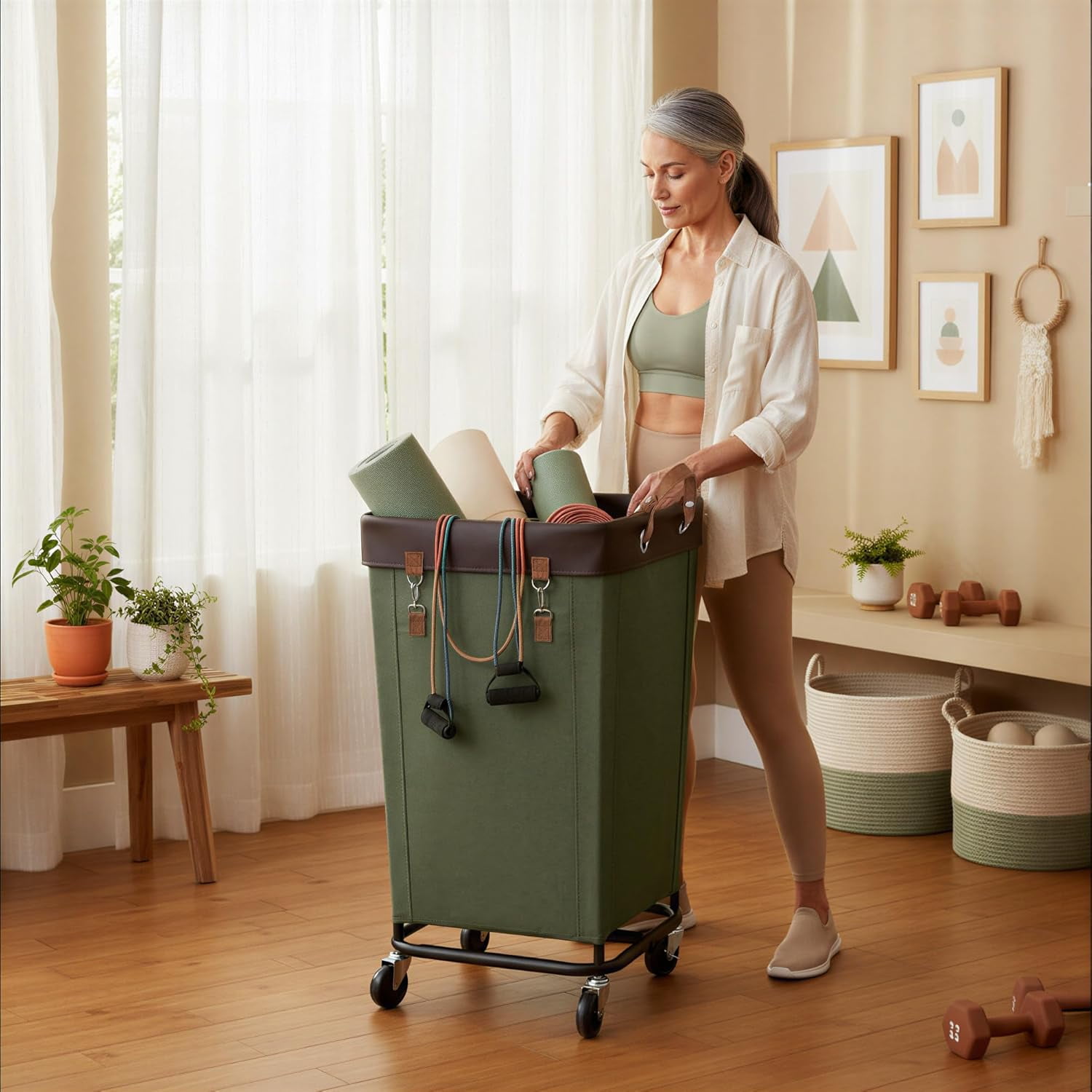 StorageWorks 160L Laundry Basket with Wheels, Large Rolling Hampers for Clothing Organizer, Dirty Clothes Basket for Hotel, Home, Closet, Dorm, Green