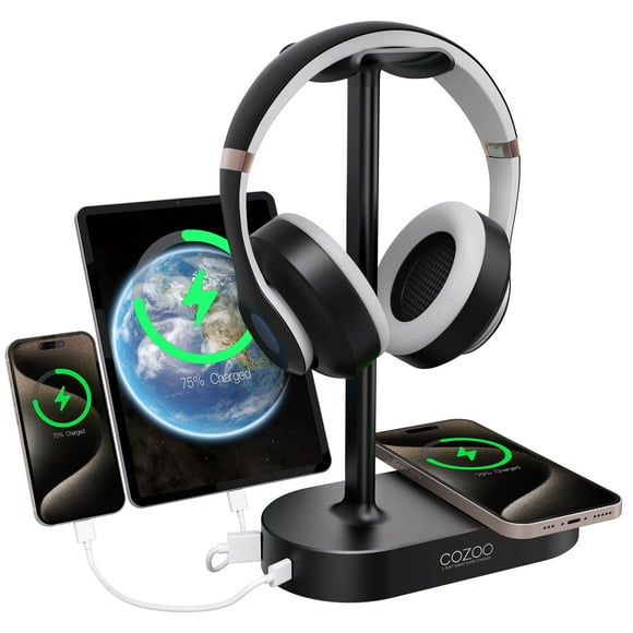 Soporte para auriculares con base de carga inalámbrica y 2 puertos USB