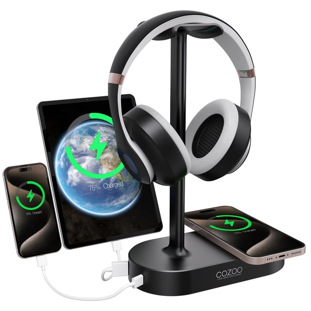 Soporte para auriculares con base de carga inalámbrica y 2 puertos USB