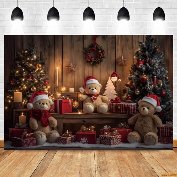 Christmas Photography Background Cute Toy Bear Cabinet Gift Indoor Wood Xmas Shop Kids Portrait Photocall Backdrop r