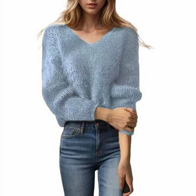 Timegard Womens Sweaters Fall Winter Casual V Neck Fleece Comfy Long Sleeve Pullover Tops Solid Color