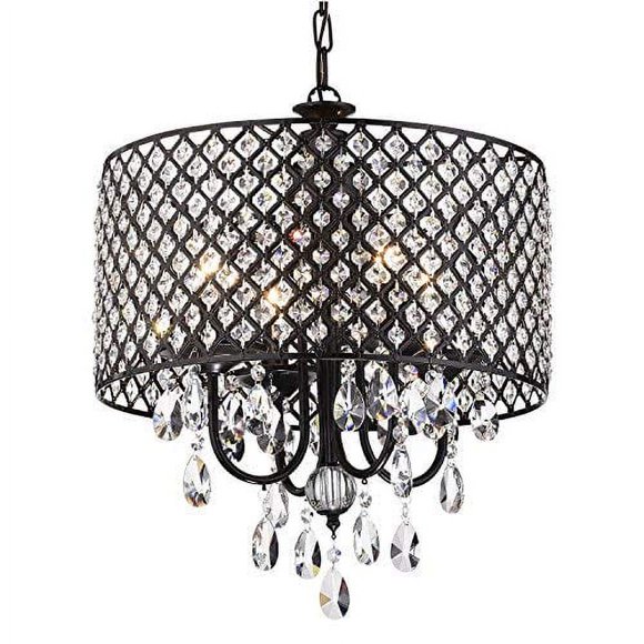 Edvivi Lustre Tambour Marya en Cristal, Luminaire Charmant à 4 Lumières avec Fini Noir, Plafonnier Ajustable avec Abat-Jour Tambour Rond en Cristal, Lumière de Salle à Manger pour Salon, Chambre, Cuisine