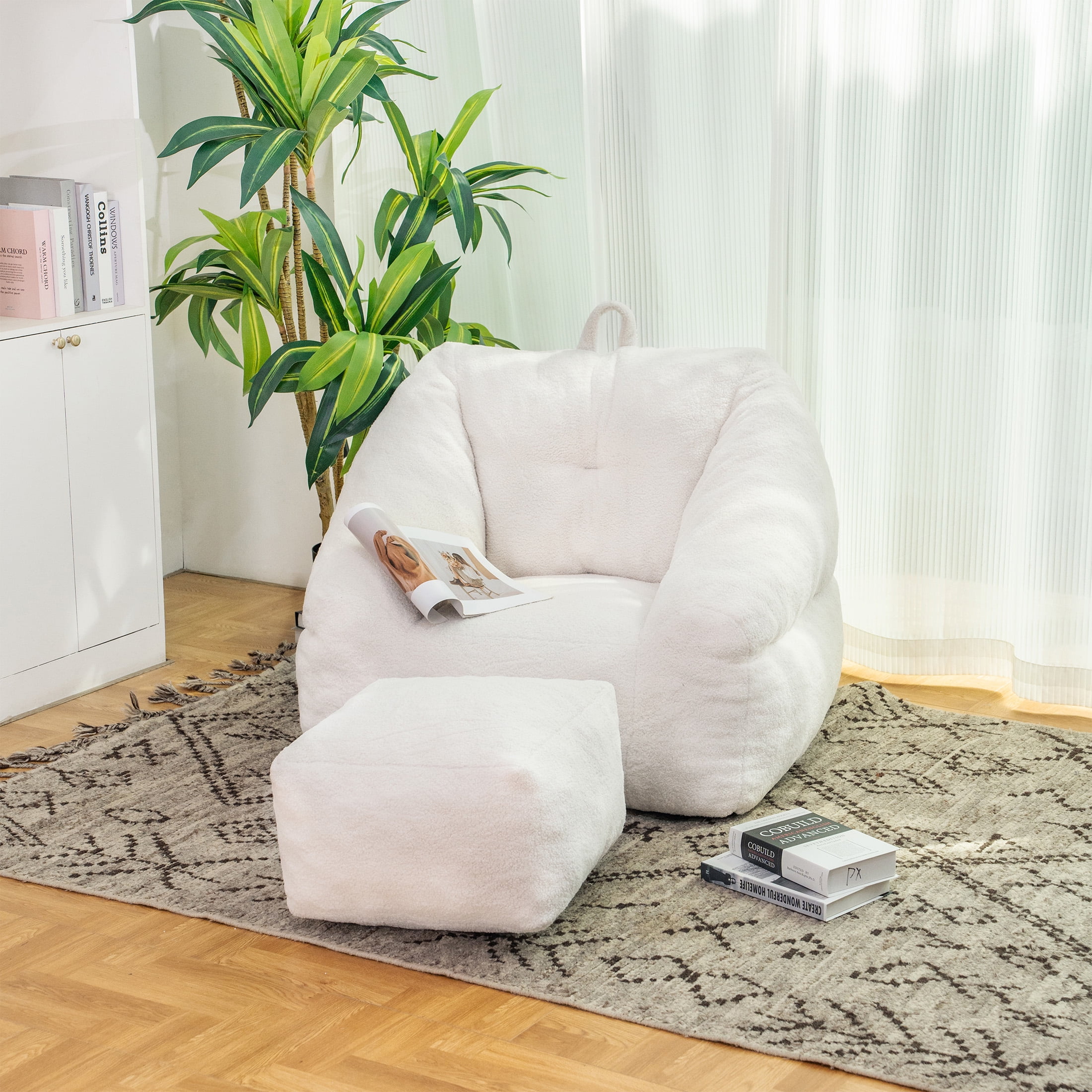 Aukfa Bean Bag Chair with Ottoman, Soft Fluffy Teddy Upholstered Pouf with Foot Rest for Living Room, White