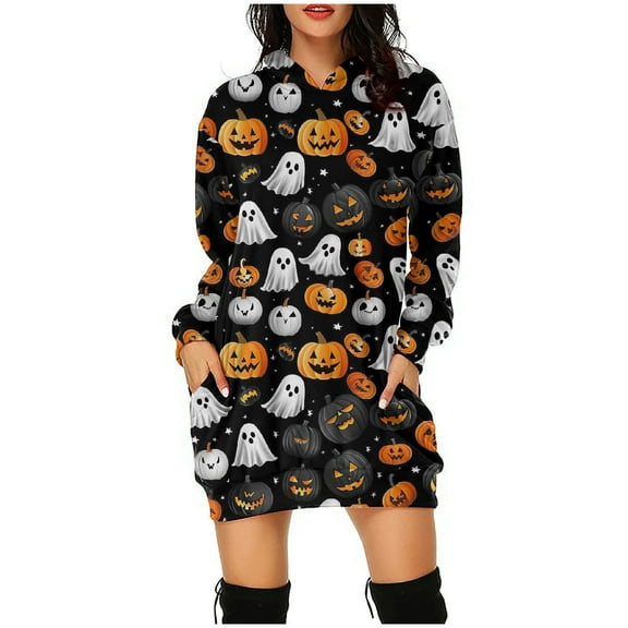 WFJCJPAF 2025 New Halloween Halloween Dresses for Short Women,Women's Hooded Long Sleeve Halloween Print Dress LooseFashion Mini Dress,Halloween Dresses for Women - Multicolor S