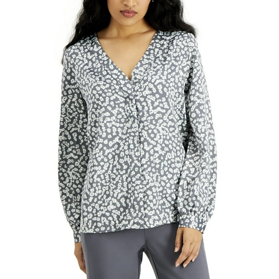 Alfani Women's V-Neck Top Long Sleeve Grey Mini Cheetah Size XS