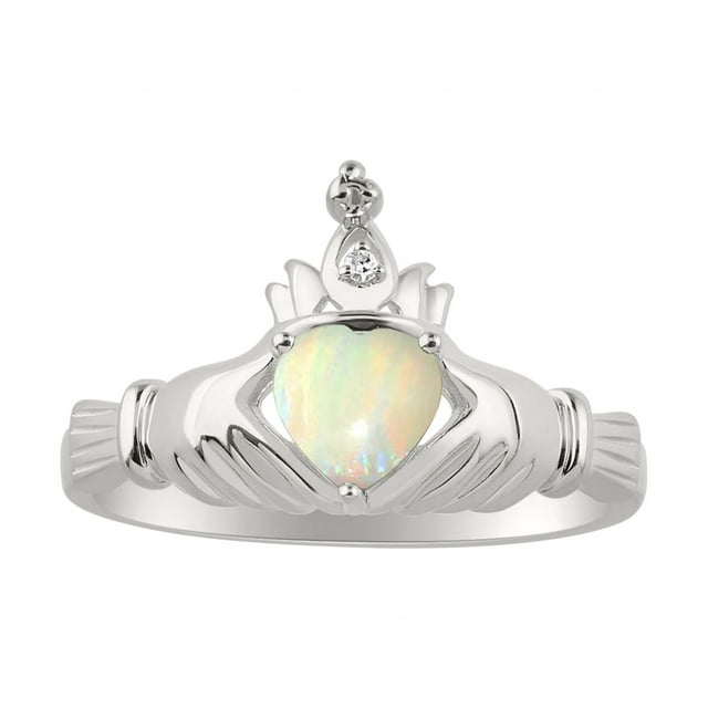 RYLOS Rings Sterling Silver Claddah Love, Loyalty & Friendship Ring Heart 6MM Gemstone & Diamond Claddagh Rings October Opal Jewelry Size 7