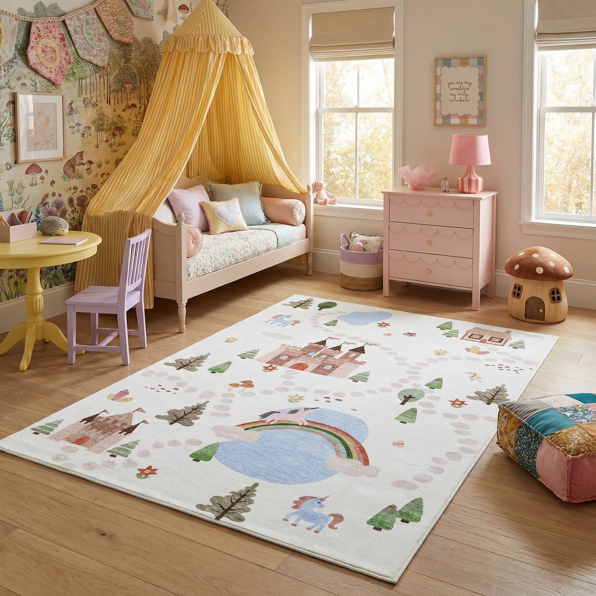 Rug Branch Soft Steps Playtime Licornes, Chateau, Carte routiere, Tapis educatif doux, Blanc Bleu - Garcons et filles dans la salle de jeux, la creche, la chambre