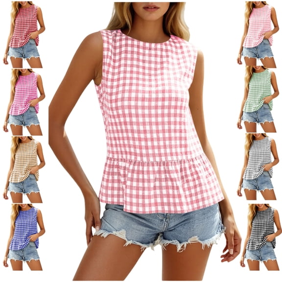 LEKWK Gingham Tops for Women Sleeveless Ruffle Hem Peplum Blouse Tops Crew Neck Loose Fit Crop Cute Tank Tops Summer Fashion Beach Vacation Daily Wear