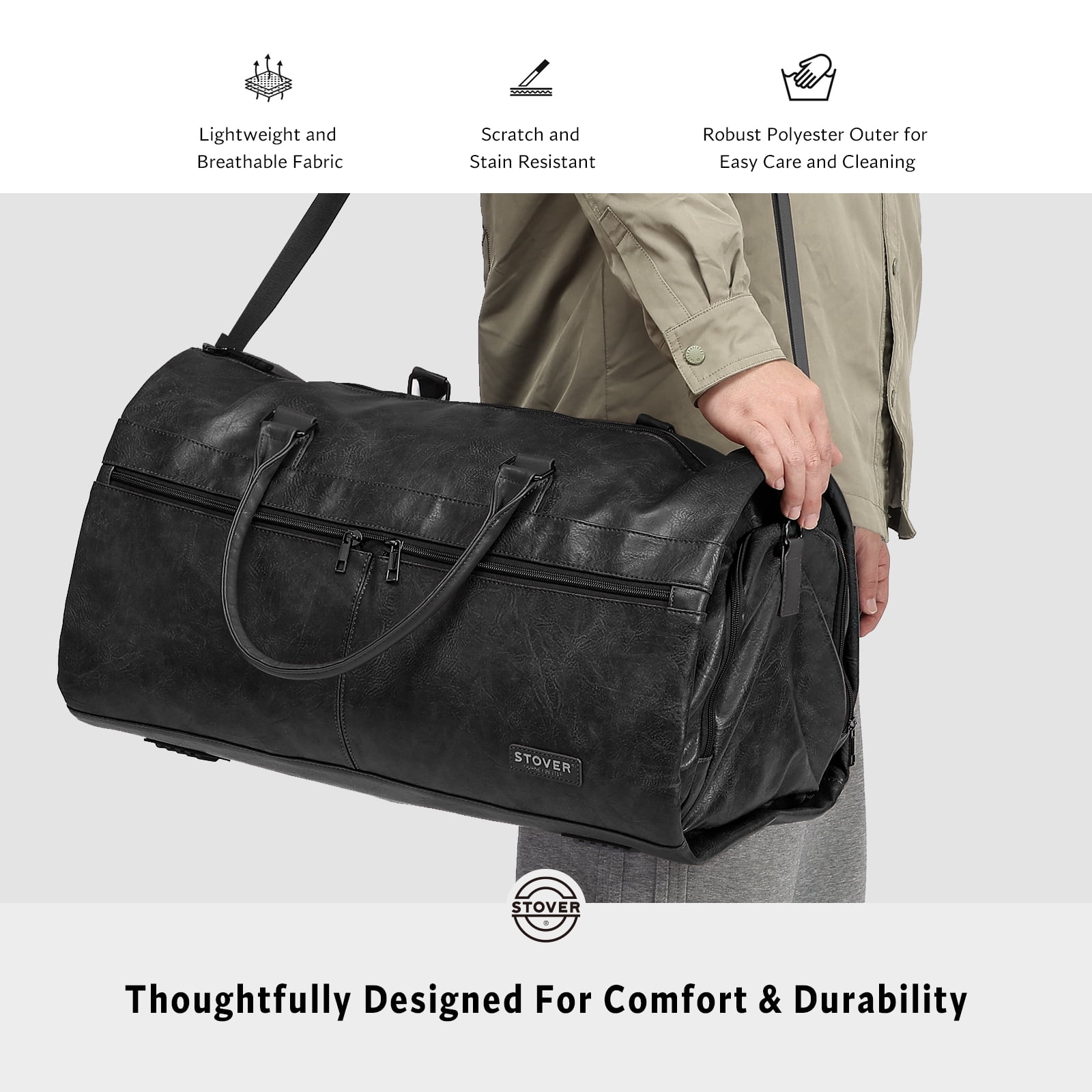 STOVER Garment Travel Duffle Bag, Large 2-in-1 Convertible Carry-on Luggage (Black Leatherette)