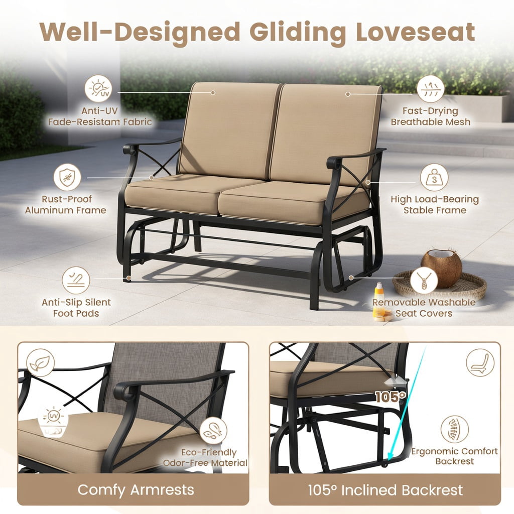 Hommoo 2-Person Outdoor Glider Rocking Loveseat with Thick 5.5" Cushions, Heavy-Duty Black Metal Frame, for Patio, Porch & Deck Seating, Gray