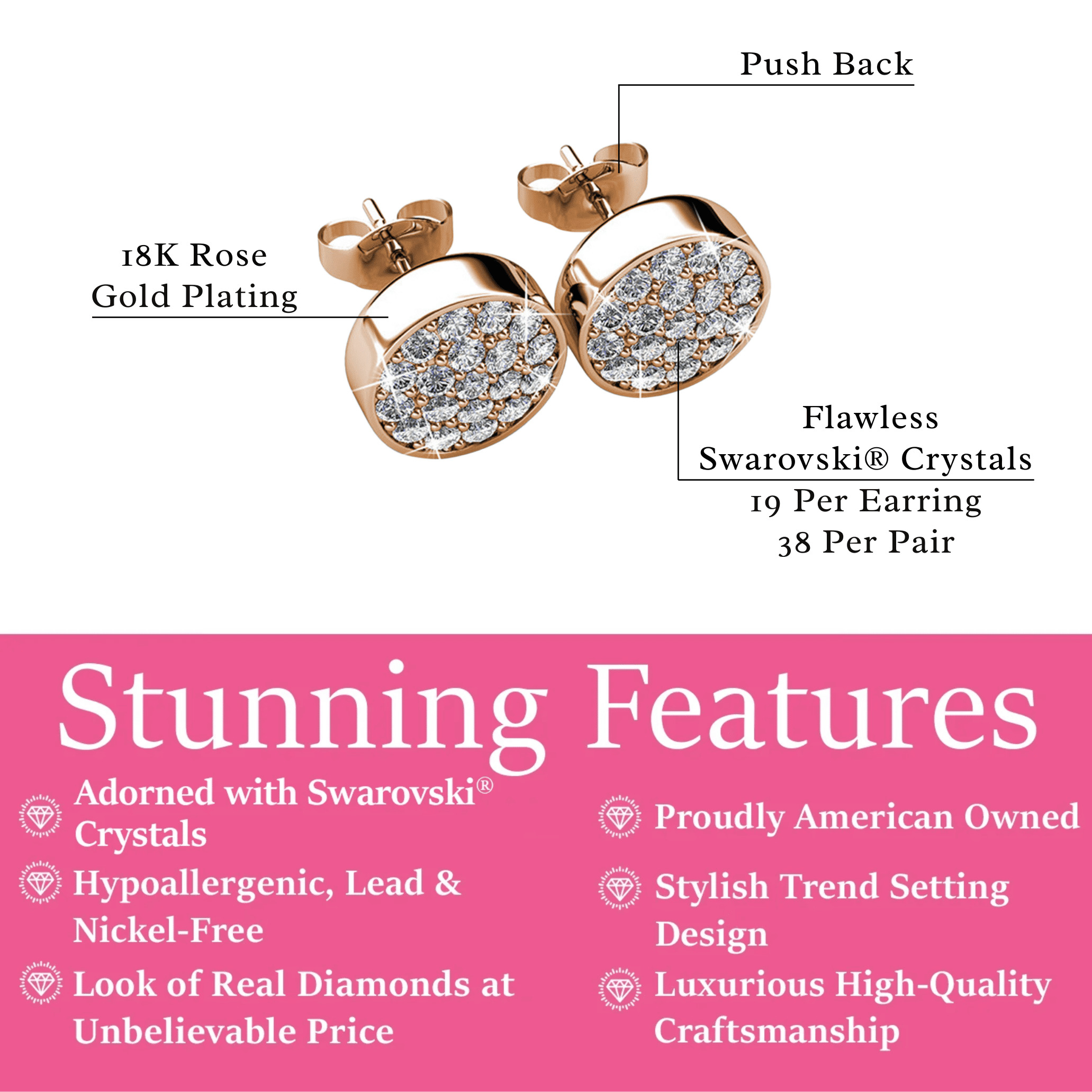 Cate & Chloe Nelly 18k Rose Gold Plated Pave Stud Earrings with Swarovski Crystals Gift for Women
