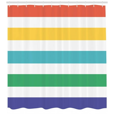 Striped Shower Curtain, Rainbow Colored and White Fun Horizontal Lines Kids Room Red Yellow Blue Green Art, Fabric Bathroom Set with Hooks, 69W X 84L Inches Extra Long, Multicolor, by Ambesonne