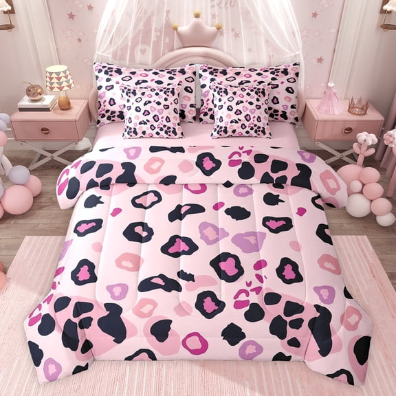 Castle Fairy Pink Leopard Print Girl Twin Bedding Sets 7-Piece,Old Fashion Dreamy Princess Bedding Comforter Set Microfiber,Jungle Animal Cheetah Breathable Sheet Sets,Super Cozy Room Decor