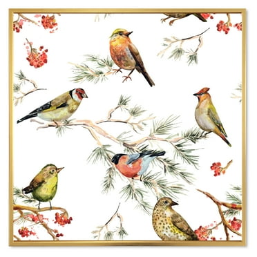 Designart 'Forest Birds Sitting On Branches' Traditional Framed Canvas Wall Art Print