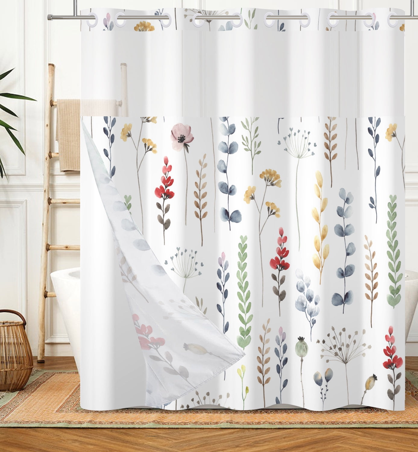 Mizhona Hookless Shower Curtain with Snap in Liner, Wild Floral Waterproof Fabric Mesh Window Bath Curtain, 71"X74"
