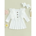 thumbnail image 2 of Bagilaanoe Toddler Baby Girl Fall Dress Ribbed Long Sleeves A-line Princess Dresses Headband 3M 6M 9M 12M 18M 24M 3T Infant Autume Casual Sundress, 2 of 8
