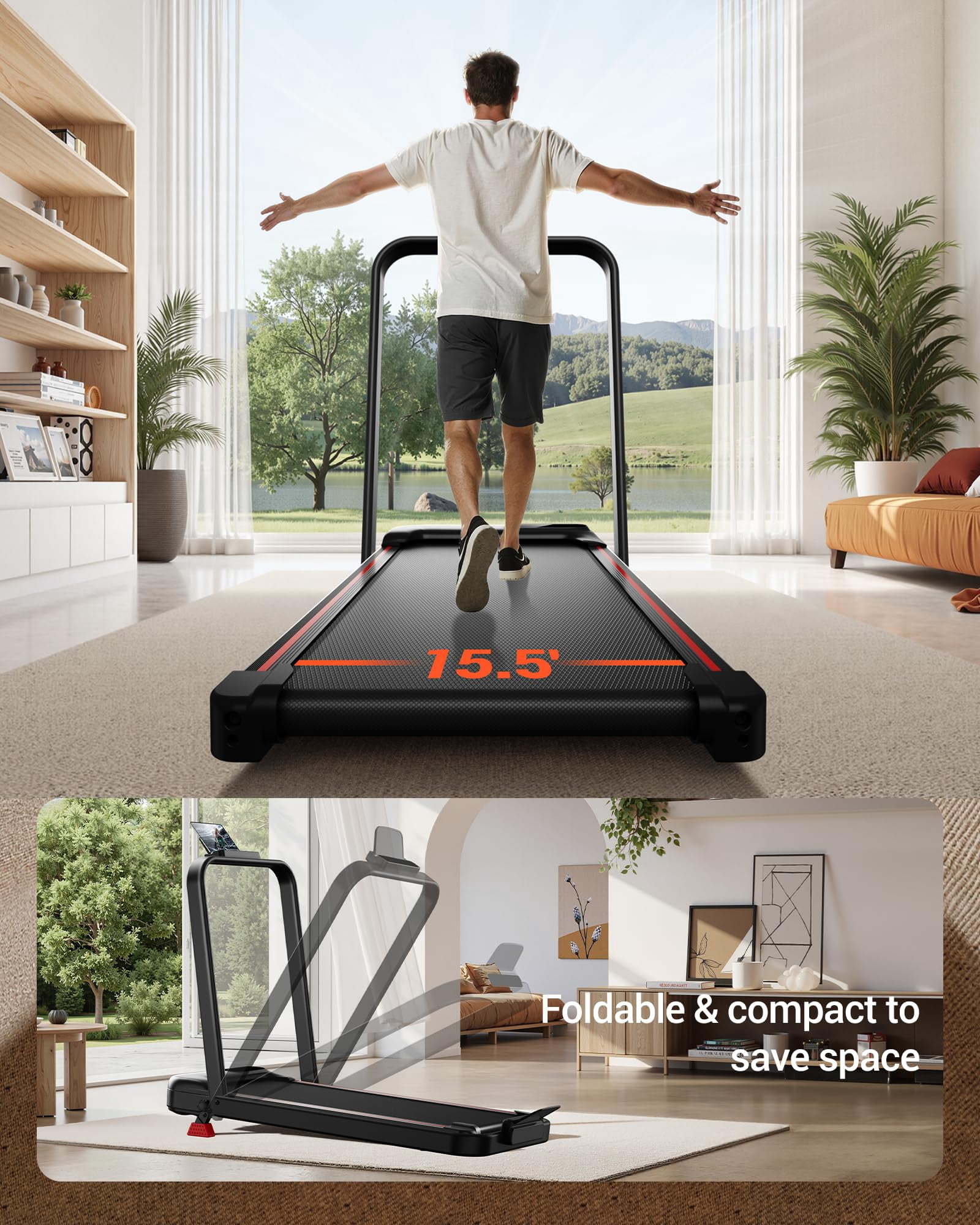 15% Incline Walking Pad Treadmill with Handle Bar - 2.5HP Quiet Folding Treadmill for Home Office Under Desk Portable Walking Pad with 300LBS Capacity