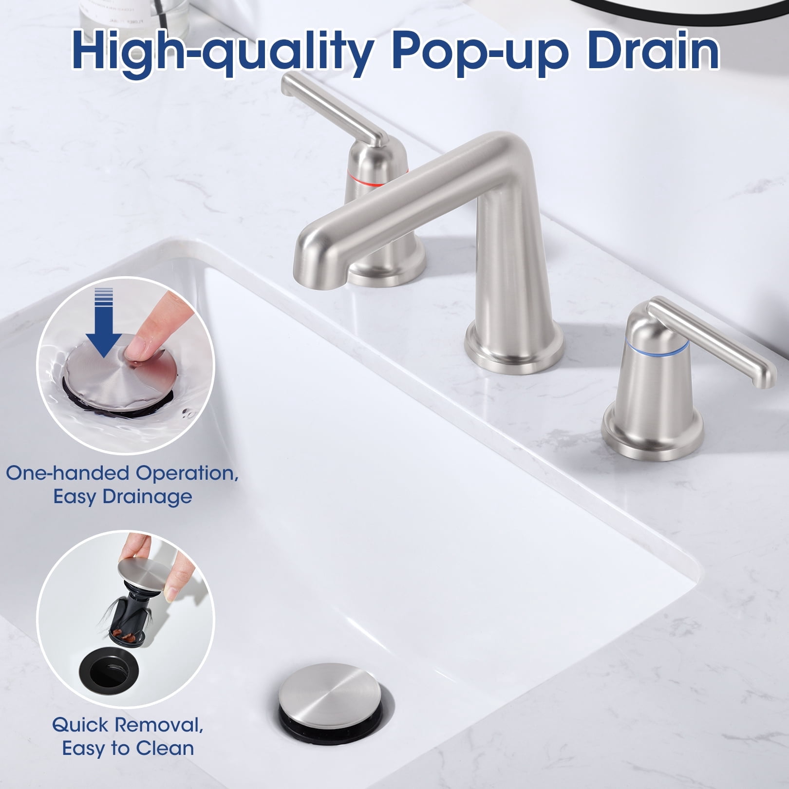 Wowkk 3 Hole Bathroom Faucet 2 Handle Widespread Bathroom Sink Faucet with Pop up Drain and Supply Lines, Brass Vanity Faucet for Rv Farmhouse Lavatory Restroom Sink, Brushed Nickel