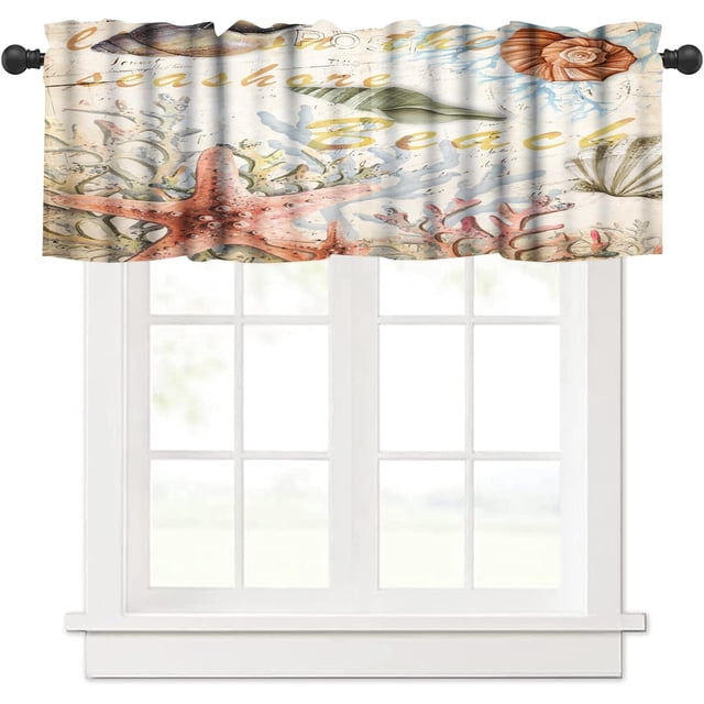 Starfish Kitchen Curatain Valances, Tier Curtains for Kitchen Windows Starfish café Curtains,Seashell Conch Printed Watercolor Small Curtains for Bathroom Kitchen, 54x18 Inch, 1 Panel