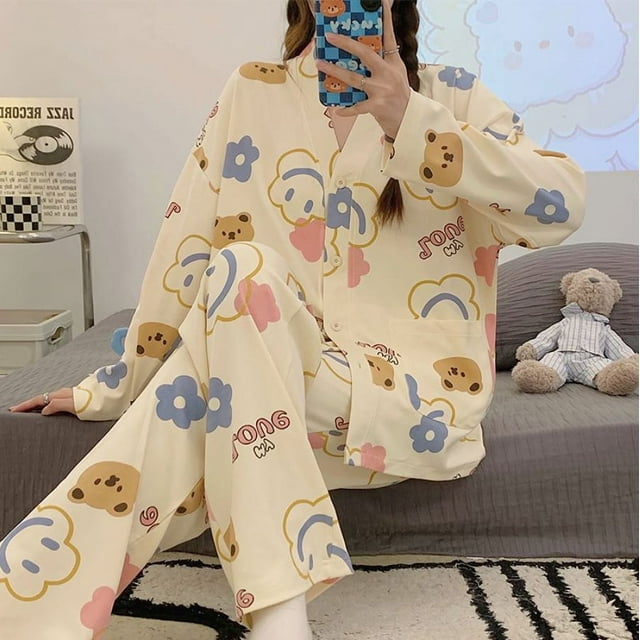 Pijama de mujer para el hogar, cárdigan con cuello en V, dulce, manga larga, suelto, talla grande, traje de estudiante para el hogar
