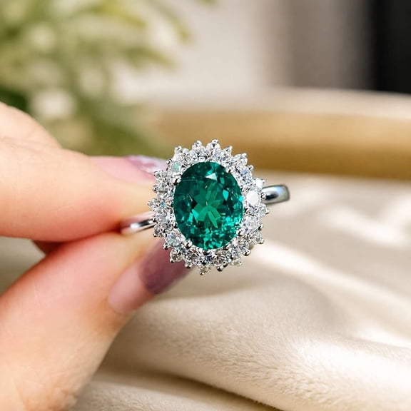vylahjewellery Green Oval Halo Engagement Ring for Women Round Cut Moissanite Ring with Sparkling Diamond Accents Elegant Wedding Promise Jewelry