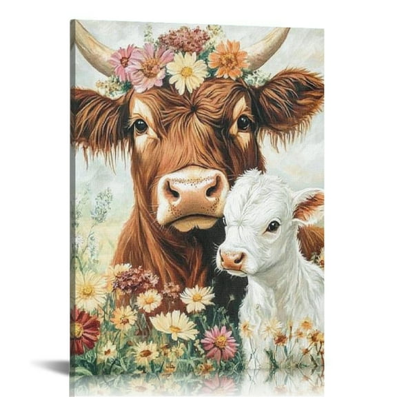 Autua Cow Calf Flowers Canvas Wall Art for Living Room Bedroom Office 12x16 in