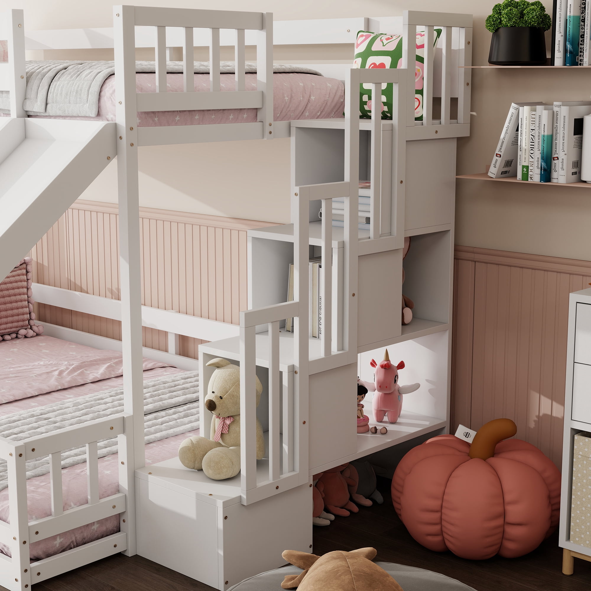 Mintazer Twin Over Full Bunk Bed with Slide & Storage Staircase, Kids Floor Bunk Bed with Guardrails, White