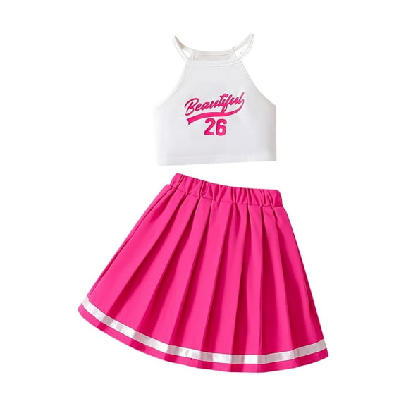 ZACPNCV Girl's 2 Piece Outfit Crop Short Sleeve Cami Tops and Pleated Skirt Sets Pink 7-8 Years