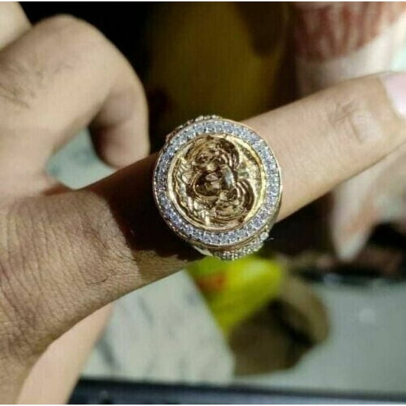 Gaspara 925 Sterling Silver Round Cut Diamond Medusa Face Men's Ring 14K Yellow Gold Plated