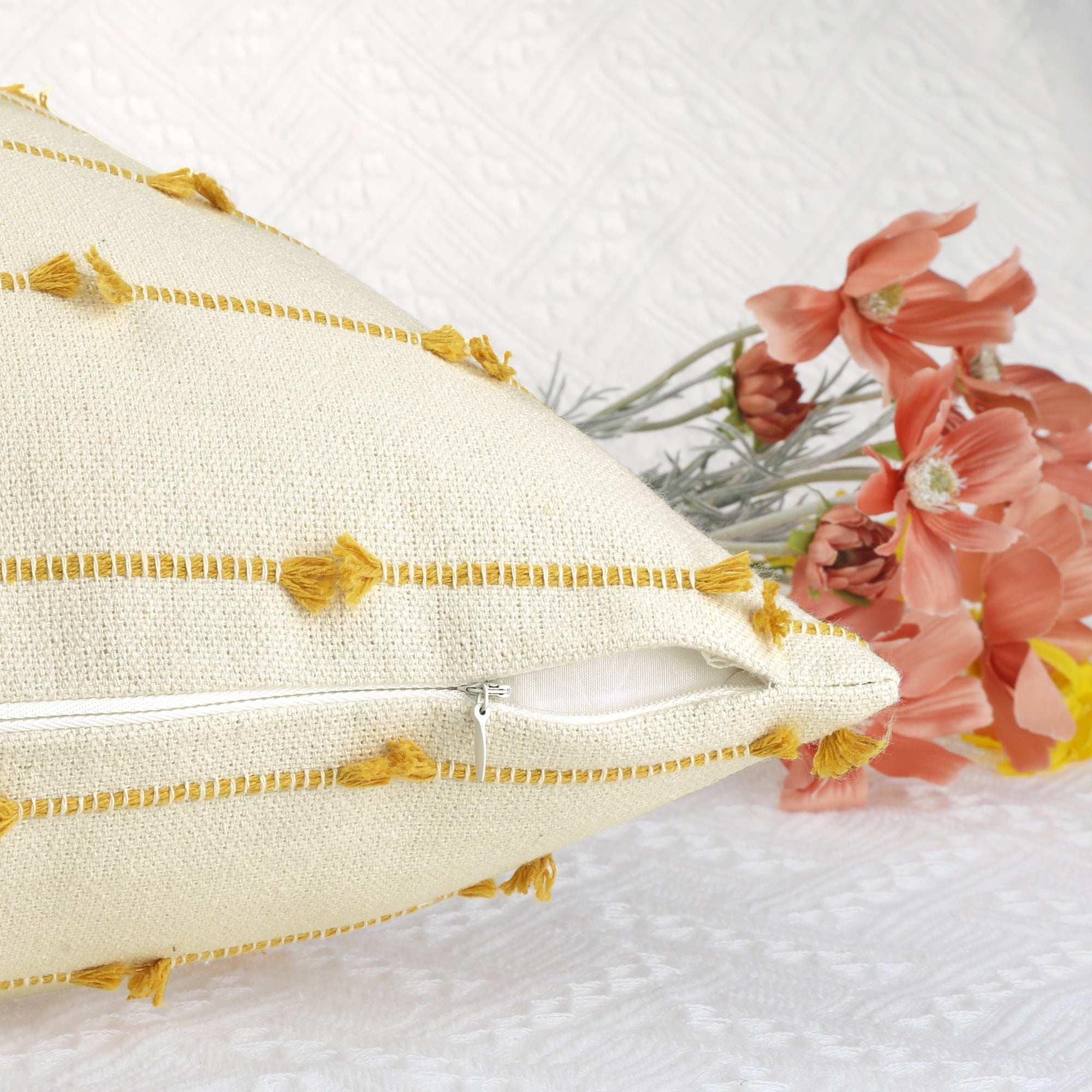 Unique Bargains 4 Pcs Striped Boho Pillow Covers Modern Square Neutral Decorative Cushion Yellow 16" x 16"