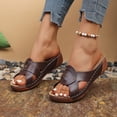 thumbnail image 4 of Women's Slip On Slide Walking Sandals Open Toe Wide Width Non Slip Wedge Sandal Soft Sole Non Slip Dressy Shoes Brown Size 6.5, 4 of 9