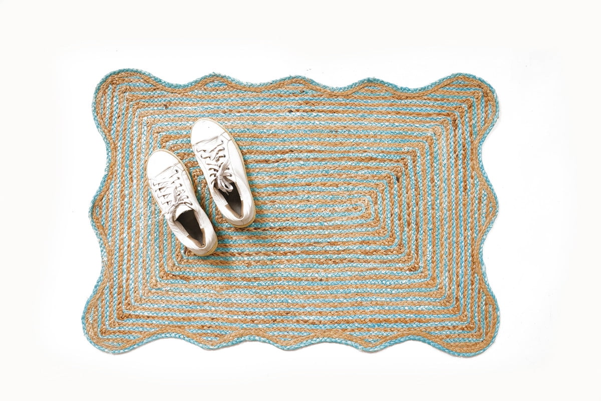 Rectangle Rug Natural Jute Rug Hand Braided Beige and Turquoise Border Color Area Rug