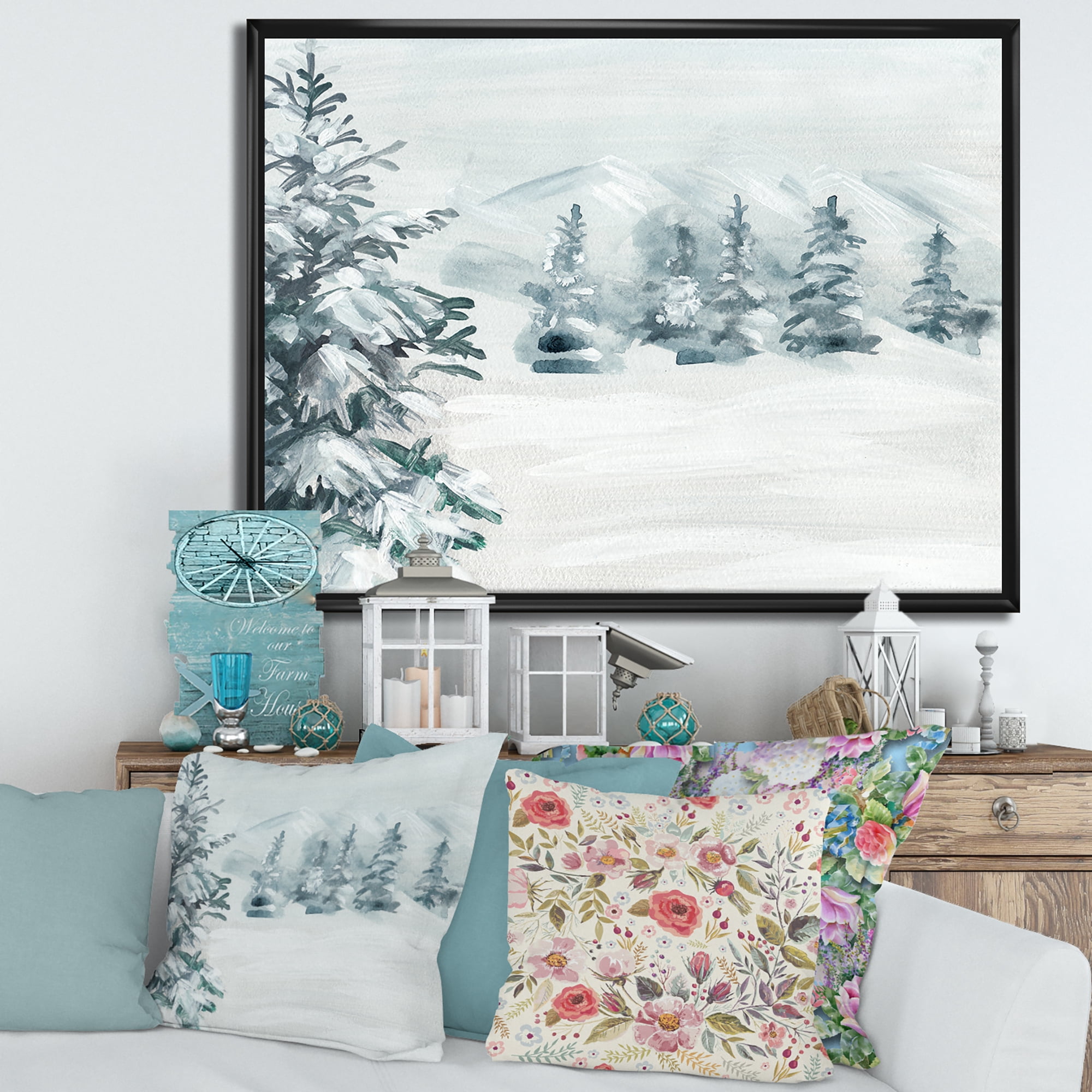 Designart 'Snowy Pine Trees On Mountain' Traditional Framed Canvas Wall Art Print