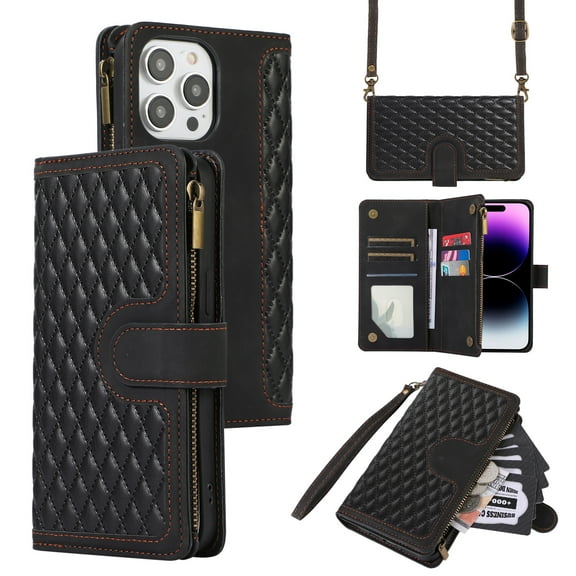 Dteck for iPhone 14 Pro Case, iPhone 14 Pro Wallet Case with 9 Card Slots, PU Leather Magnetic Flip Zipper Purse Wristlet Strap Crossbody Lanyard Kickstand Phone Case,Black