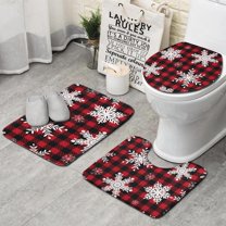 Red Christmas Snowflake and Plaid Pattern Bathroom Rugs Sets 3 Piece,Toilet Cover Set,Absorbent Non Slip Bathroom Mats Sets with U-Shaped Contour Rug Toilet Rug Set