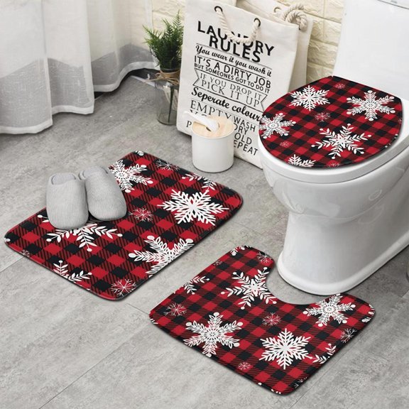Red Christmas Snowflake and Plaid Pattern Bathroom Rugs Sets 3 Piece,Toilet Cover Set,Absorbent Non Slip Bathroom Mats Sets with U-Shaped Contour Rug Toilet Rug Set