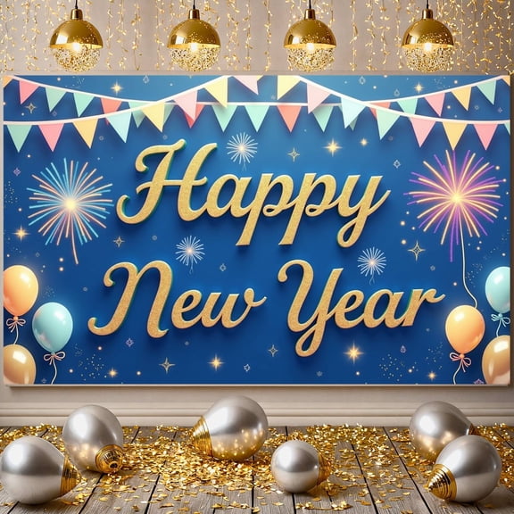 Fireworks Design Happy New Year Banner Balloons Decor New Year Display Golden Text Blue Background Celebration Backdrop for New Year Party Holiday Celebration Indoor Decoration