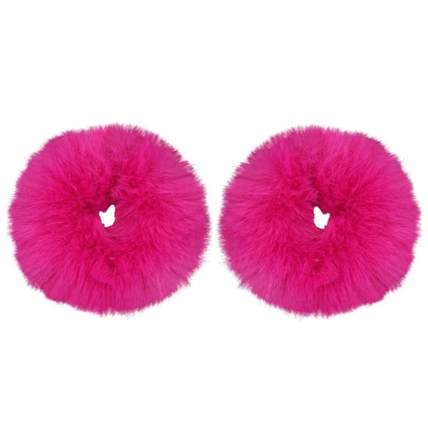 Paquete de 2 unidades de coleteros de piel sintética peluda para el pelo, gomas para el pelo de piel artificial, banda elástica para el pelo, pulsera, accesorios para cola de caballo, color rosa inten