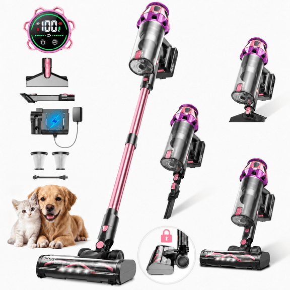 Cordless Vacuum Cleaner, 600W/55KPA Vacuum Cleaners for Home, 55Mins Stick Vacuum, Anti-Tangle & 1.8L Large Dust Cup, Lightweight Vacuum for Hard Floors Carpet Pet Hair, Purple Pink