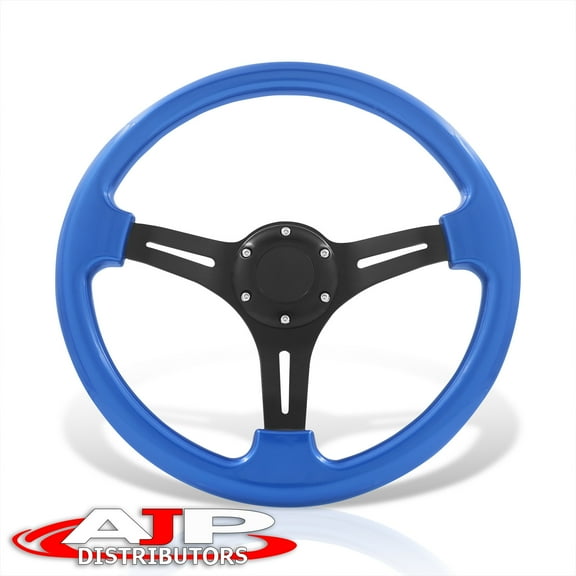 AJP Distributors Universal 350mm 14" 6 Bolts Holes Light Weight Aluminum Steering Wheel Heavy Duty Blue Frame Black 3 Spokes   Horn Button JDM VIP Grip Drifting Sport Replacement