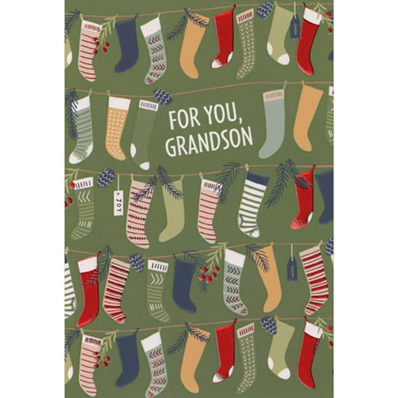 Pictura Repeating Rows of Patterned Stockings on Clotheslines Christmas Card for Grandson