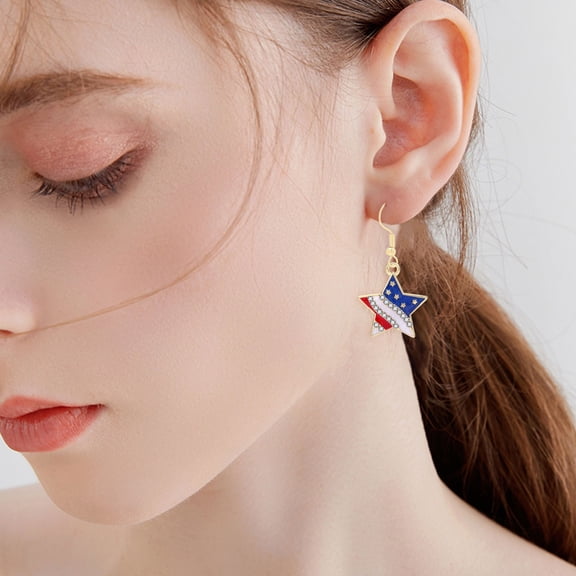 QIQUWOHUL American Independence Day Earrings Pendant Flag Red Blue White Lightweight Fashion Rhinestone Heart Shape