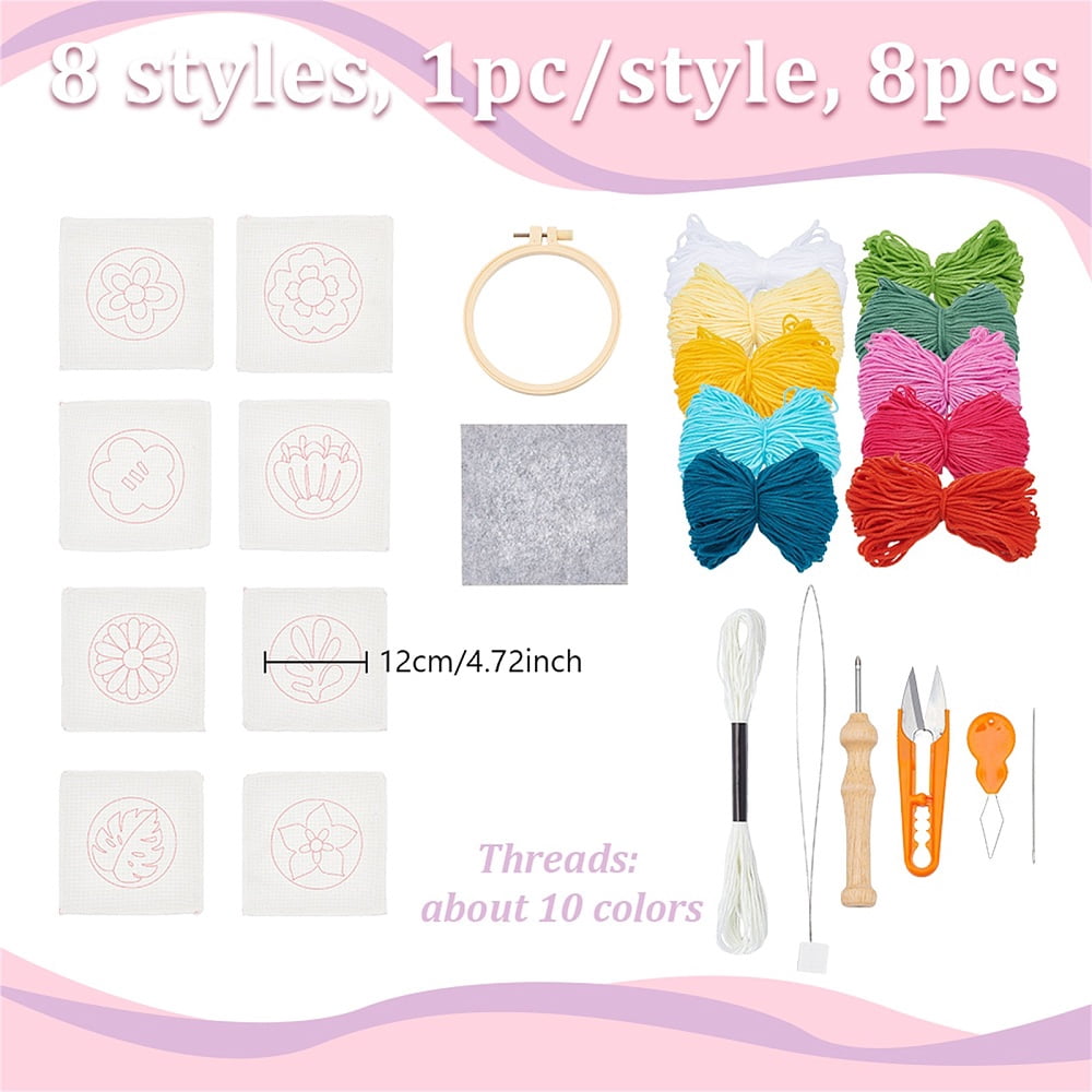8Pcs 8 Styles DIY Polyester Coaster Punch Embroidery Starter Kits Including Threads Flat Round 12mm 1pc/style